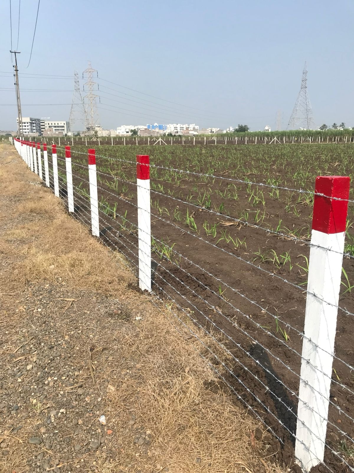 Barbed wire fence surrounding a cultivated field